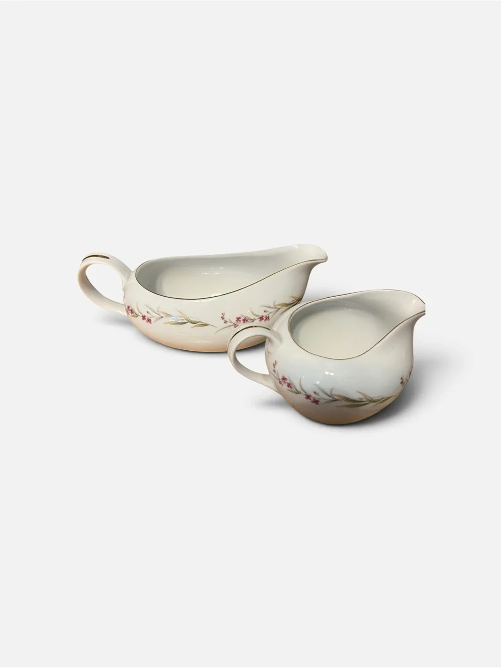 Porcelain Gravy Boat Pair with Pink Floral Detail - White and Cream